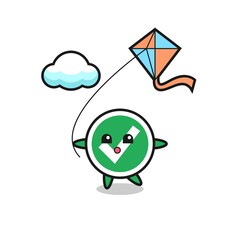check mark mascot illustration is playing kite