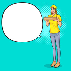 Delivery girl holding a box of pizza