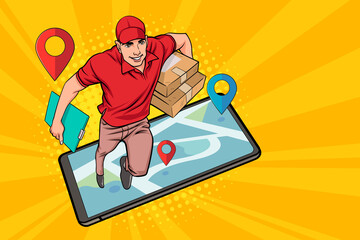 Delivery man employee running by Navigation out from smartphone
