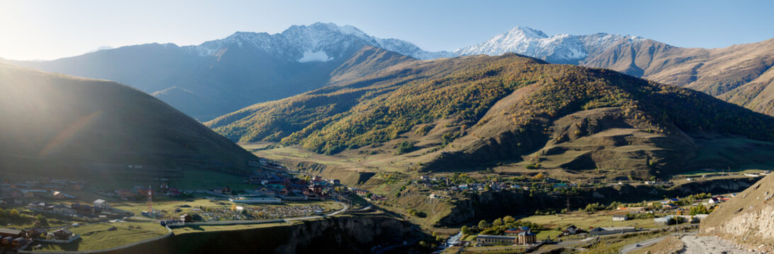 Fiagdon Russia, October 2020: Panorama of the mountain village of Upper Fiagdon