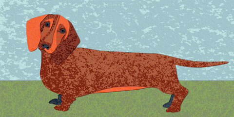A raster illustration with the image of a dachshund, made in a unique style. imitation by scrapbooking. Using a texture.