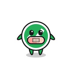 Cartoon Illustration of check mark with tape on mouth