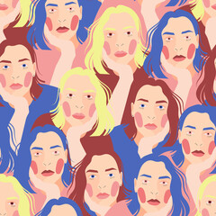 bright seamless pattern with the image of many female faces. Design for decorating textiles and wallpaper.