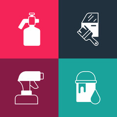 Set pop art Paint bucket, spray gun, Car painting and icon. Vector