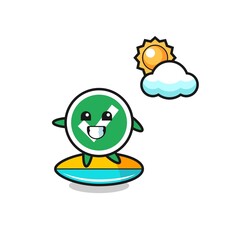 Illustration of check mark cartoon do surfing on the beach