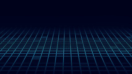 Grid on dark background. Abstract technology shape. 3d wireframe landscape. Perspective.