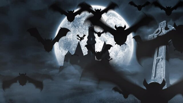 Animation of bats flying out of castle over full moon and grave