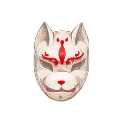 Japanese Kitsune fox mask. Vintage vector hatching