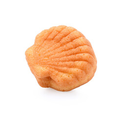 Homemade round sponge cake or chiffon cake on white plate so soft and delicious with ingredients: eggs, flour, milk on wood table. Homemade bakery concept for background and wallpaper.