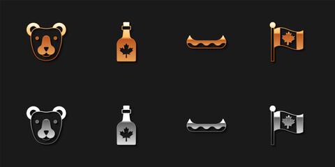 Set Bear head, Bottle of maple syrup, Kayak and Flag Canada icon. Vector