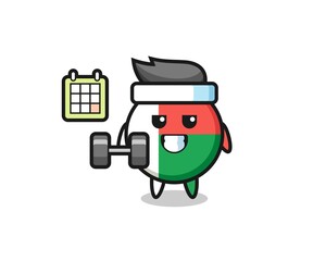 madagascar flag badge mascot cartoon doing fitness with dumbbell