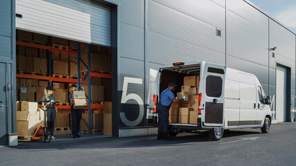 Outside of Logistics Distributions Warehouse With Manager Using Tablet Computer, Diverse Workers Loading Delivery Truck with Cardboard Boxes. Online Orders, Purchases, E-Commerce Goods.