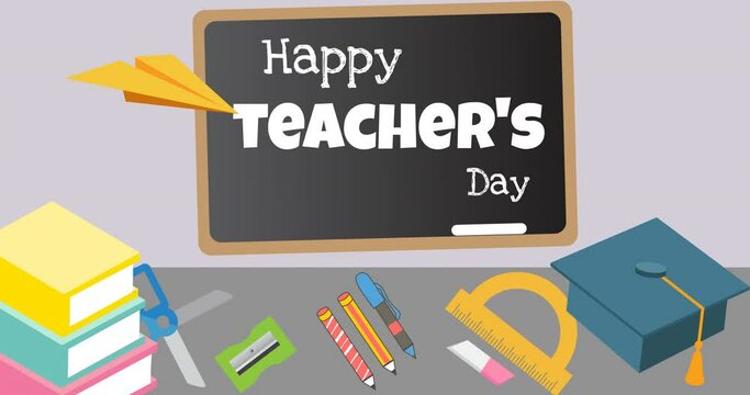 Animation of happy teacher's day text over school icons on green background