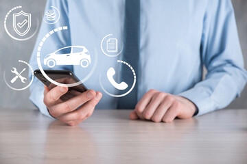 Digital composite of Man holding car icon.Car automobile insurance and car services concept. Businessman with offering gesture and icon of car