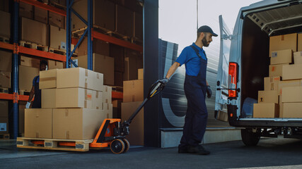 Outside of Logistics Distributions Warehouse: Diverse Team of Workers use Hand Pallet Truck Start Loading Delivery Truck with Cardboard Boxes, Online Orders, Purchases, E-Commerce Goods.