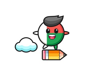 madagascar flag badge mascot illustration riding on a giant pencil