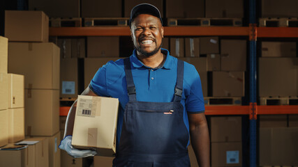 Portrait of Handsome Black Male Worker Holding Cardboard Box Standing in Warehouse full Goods....