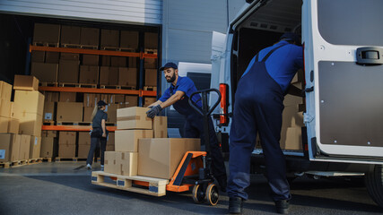 Outside of Logistics Distributions Warehouse: Diverse Team of Workers use Hand Truck Start Loading...