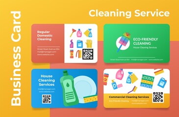 Collection of cleaning service business card template vector flat cartoon illustration