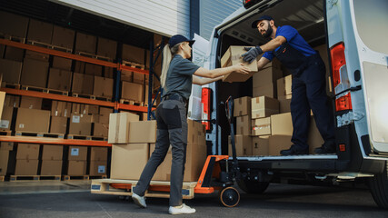 Outside of Logistics Distributions Warehouse: Diverse Team of Workers use Hand Truck Loading Delivery Van with Cardboard Boxes, Online Orders,  E-Commerce Purchases. - Powered by Adobe