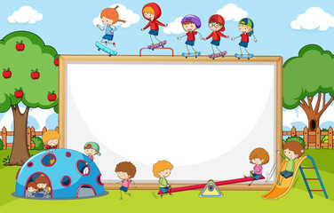Playground scene with blank banner many kids doodle cartoon character
