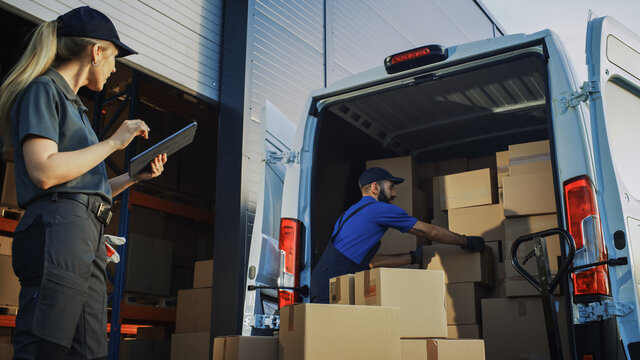Outside of Logistics Distributions Warehouse: Diverse Team of Workers use Hand Truck Loading Delivery Van with Cardboard Boxes, Online Orders,  E-Commerce Purchases.