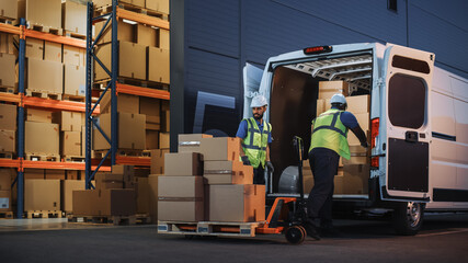 Retailer Warehouse Two Happy Workers Talk, Joke use Hand Pallet Truck Start Loading Delivery Truck...