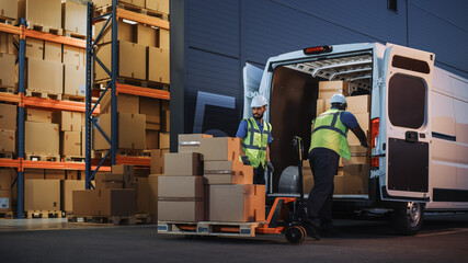 Retailer Warehouse Two Happy Workers Talk, Joke use Hand Pallet Truck Start Loading Delivery Truck with Cardboard Boxes, Online Orders, Purchases, E-Commerce Goods. © Gorodenkoff