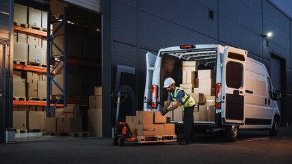 Outside of Logistics Distributions Warehouse Delivery Van: Worker Unloading Cardboard Boxes on Hand...