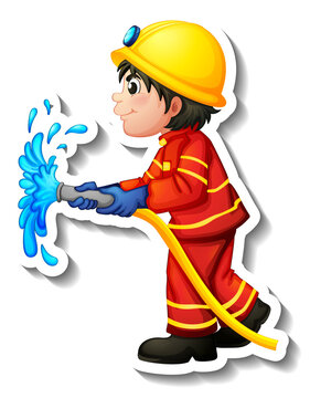 Sticker design with a fireman cartoon character