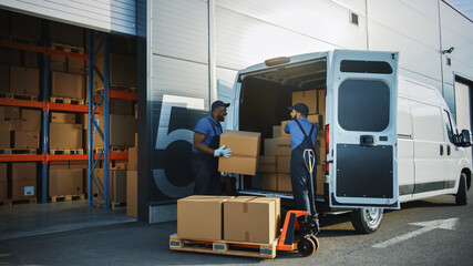 Outside of Logistics Distributions Warehouse: Two Workers Talk, Joke use Hand Pallet Truck Start...