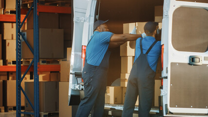 Outside of Logistics Distributions Warehouse: Workers Talk, Joke use Hand Pallet Truck Start...