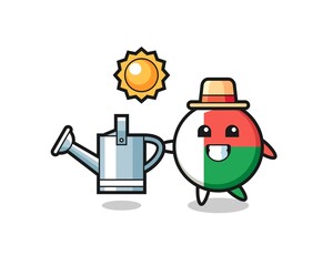 Cartoon character of madagascar flag badge holding watering can