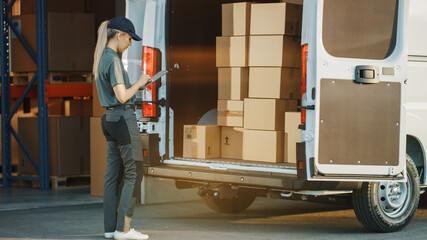 Woman Inventory Manager Using Tablet Computer To Check and Count Cardboard Boxes in Delivery Truck. Warehouse Retail Distribution Center Cardboard boxes, e-Commerce Online Orders