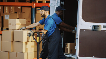 Outside of Logistics Distributions Warehouse: Diverse Team of Two Workers Talk, Joke Around Loading...