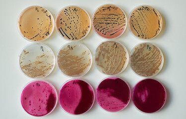 Selective media Agar Plates With bacteria colonies in various petri dish