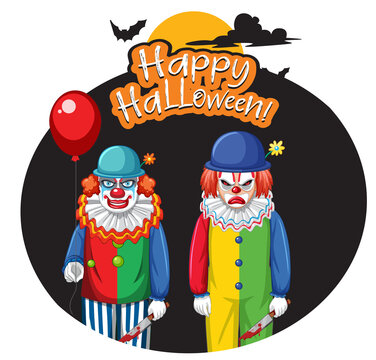 Happy Halloween badge with two creepy clowns