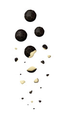 Falling and crumbling black peppercorns isolated on white background. Realistic vector illustration.