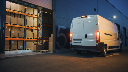 Outside of Logistics Distributions Warehouse and Delivery Van Ready to Ride. Truck Delivering...