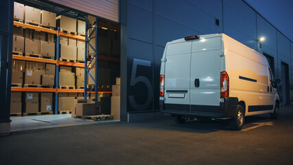 Outside of Logistics Distributions Warehouse and Delivery Van Ready to Ride. Truck Delivering...