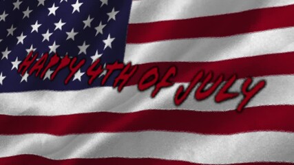 Digital animation of happy 4th of july text over waving american flag