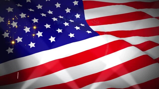 Digital animation of fireworks exploding over waving american flag against black background
