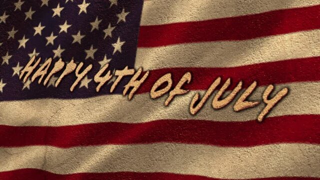 Digital animation of happy 4th of july text over waving american flag