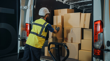 Handsome Latin Male Worker Wearing Hard Hat Loads Cardboard Boxes into Delivery Truck. Delivering...