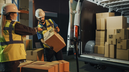 Outside of Logistics Retail Warehouse: Manager Using Tablet Computer and Scanner, talking to Worker...