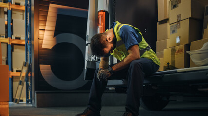 Latin Male Worker Wearing Hard Hat Loads Cardboard Boxes into Delivery Truck, Rests. Online Orders, E-Commerce Goods, Food, Medicine. Tired Overworked Frontline Hero. Dramatic Shot