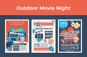 Set outdoor movie night poster vector flat cartoon illustration. Collection open air cinema promo