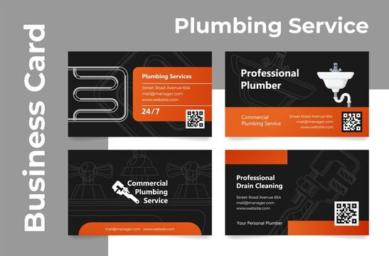Collection of commercial plumbing service business cards with contacts communication vector