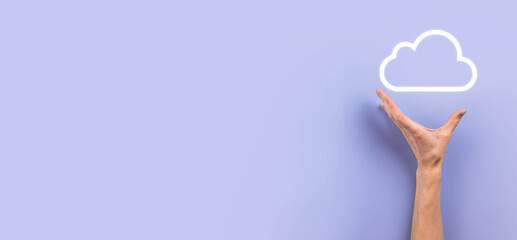 Business woman holding icon cloud computing network and icon connection data information in hand. Cloud computing and technology concept.