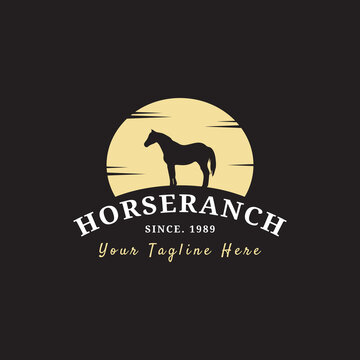horse ranch with silhouette logo design in vintage style